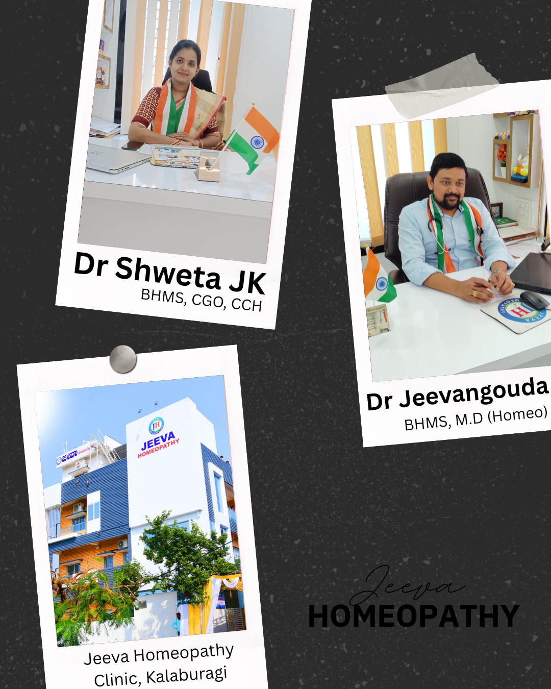 Collage of photos featuring Dr. Shweta JK, Dr. Jeevagouda, and the Jeeva Homeopathy clinic.